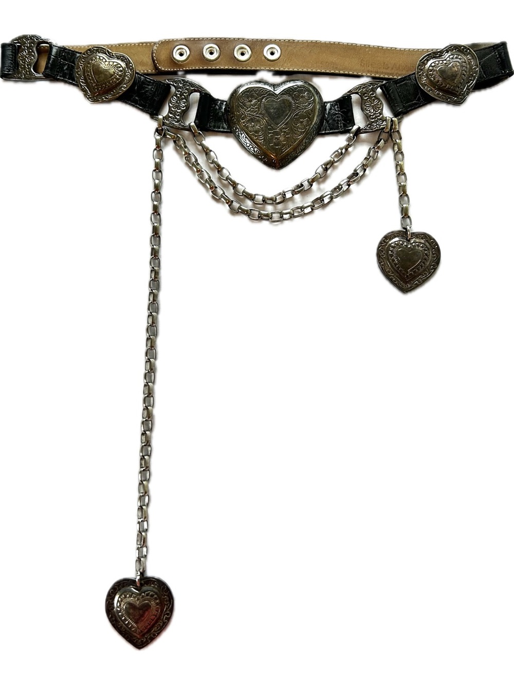 Streets Ahead MIA Heart Chain Western Y2K Belt - Silver Plated on Black Leather